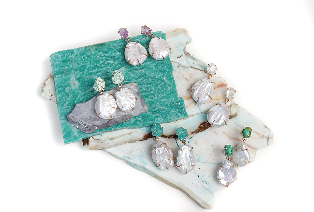 Double Drop Pearl and Gemstone Earrings