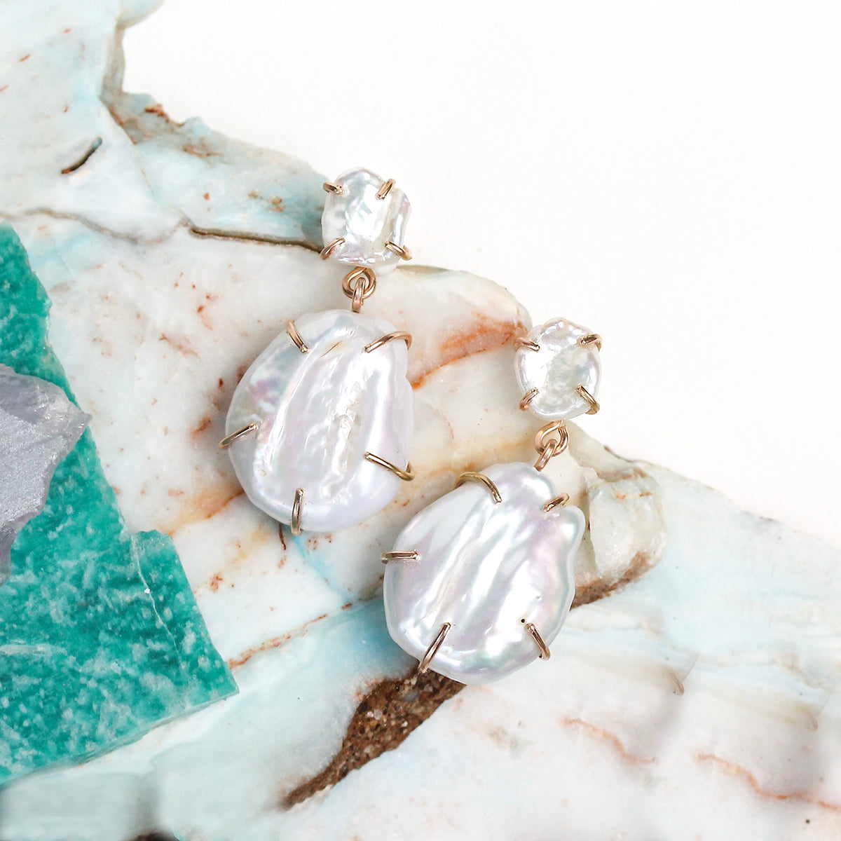 Double Drop Pearl and Gemstone Earrings