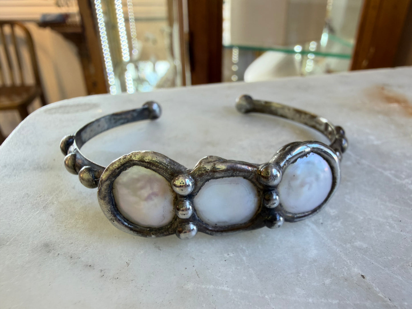 Coin Pearls on Stackable Brass Cuff