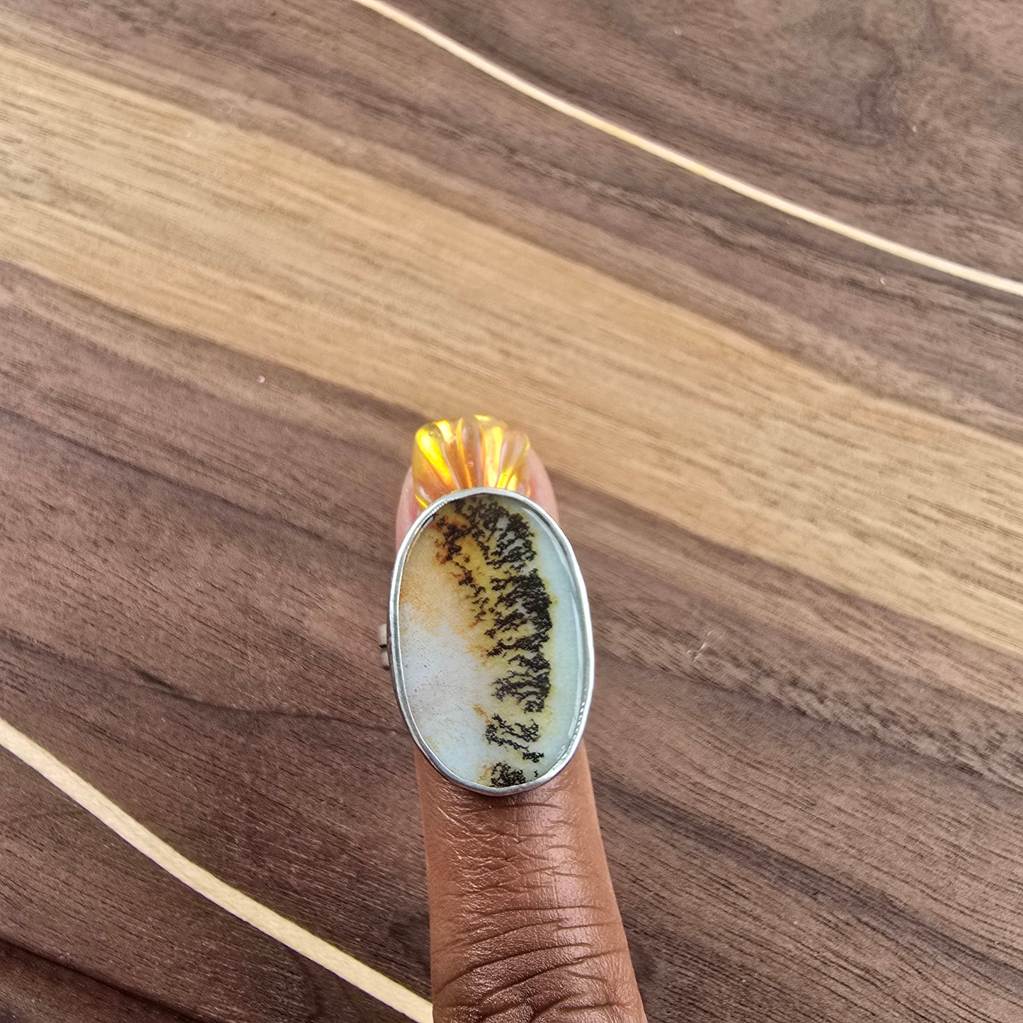 Double Band Dendritic Oval Agate Ring