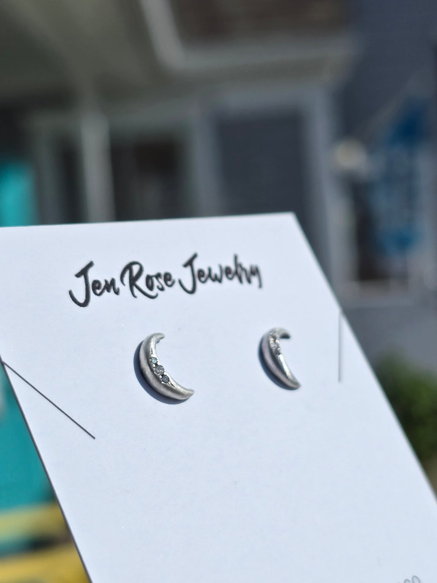 Sterling Silver Mini Crescent Moon Studs w/ Diamonds