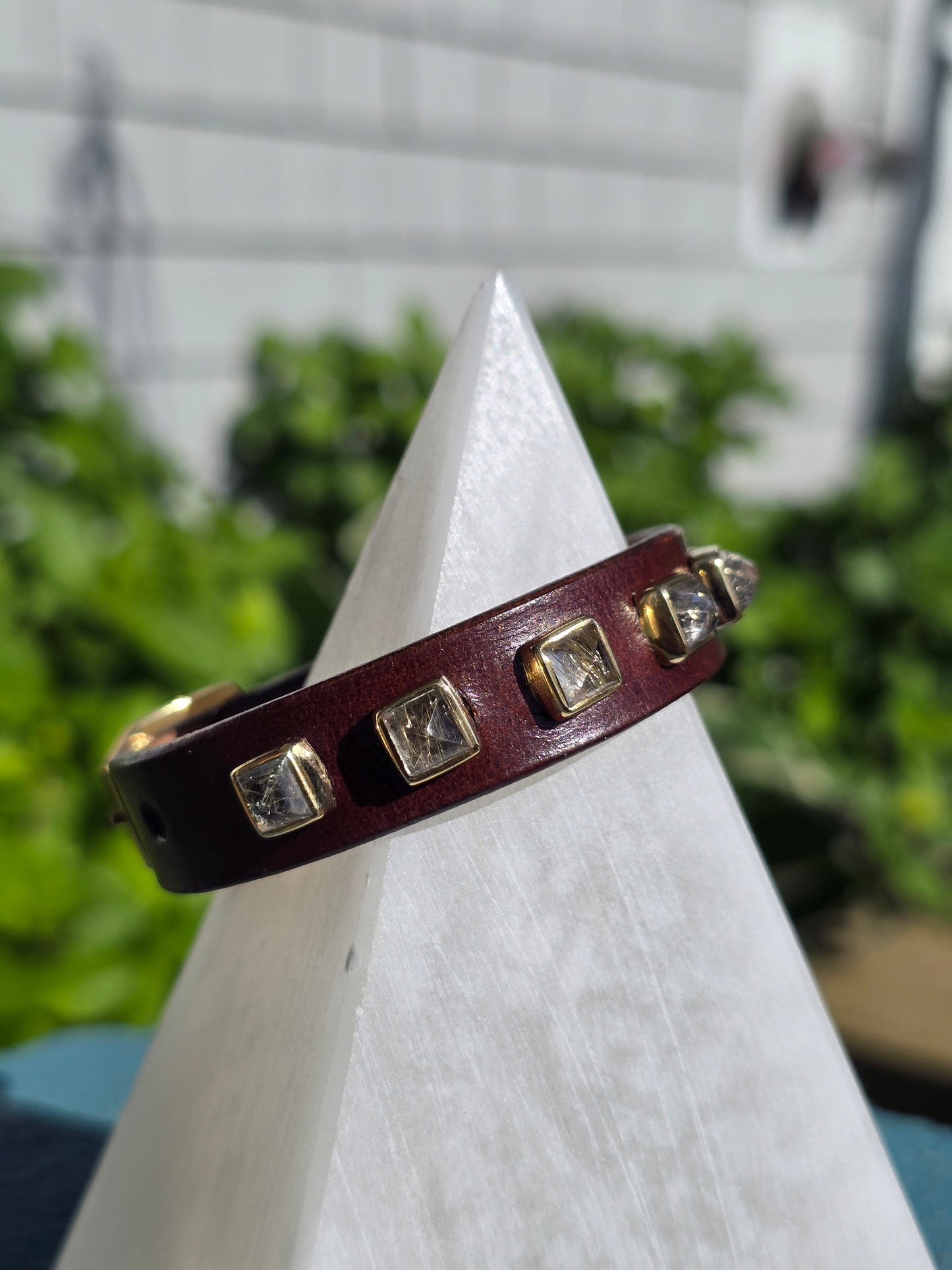 Buckle Bracelet w/ Brown Leather & Rutilated Quartz