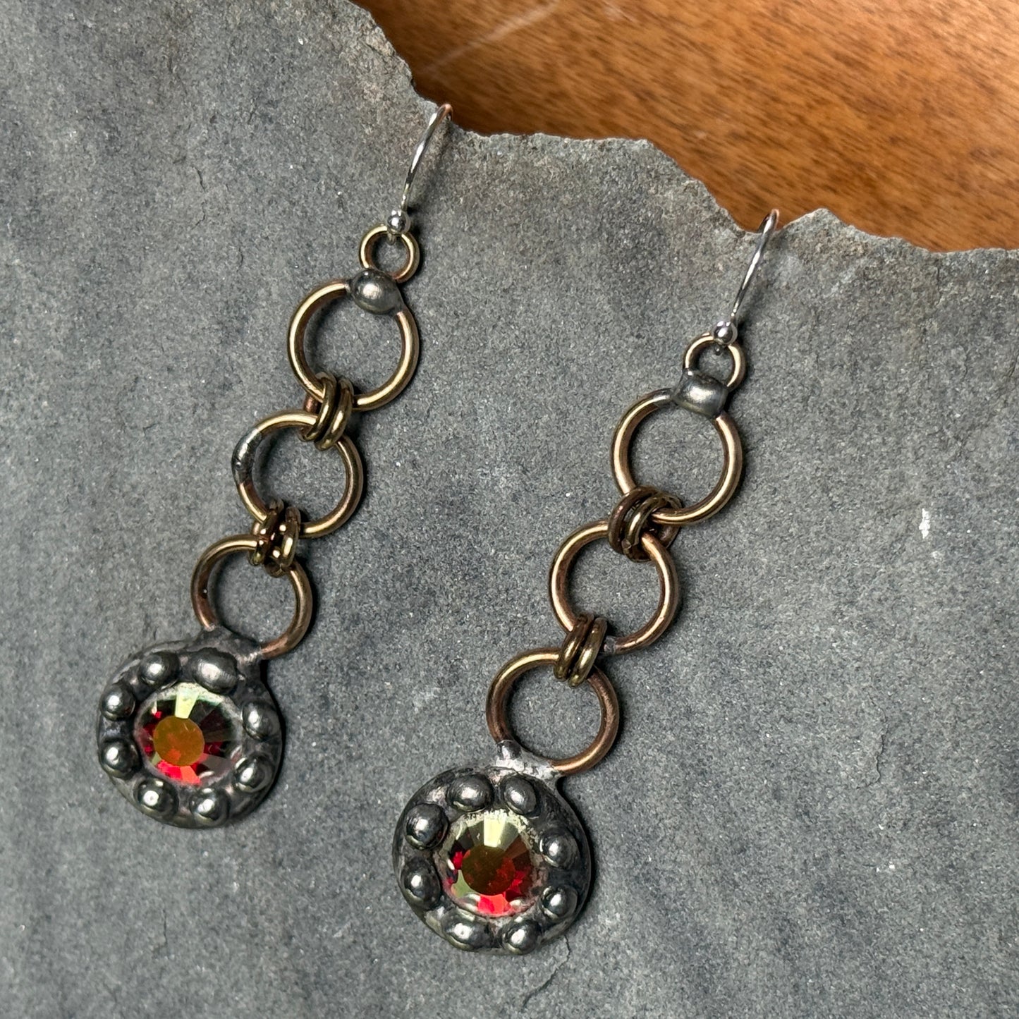 Red Swarovski and Brass Hoops Earrings