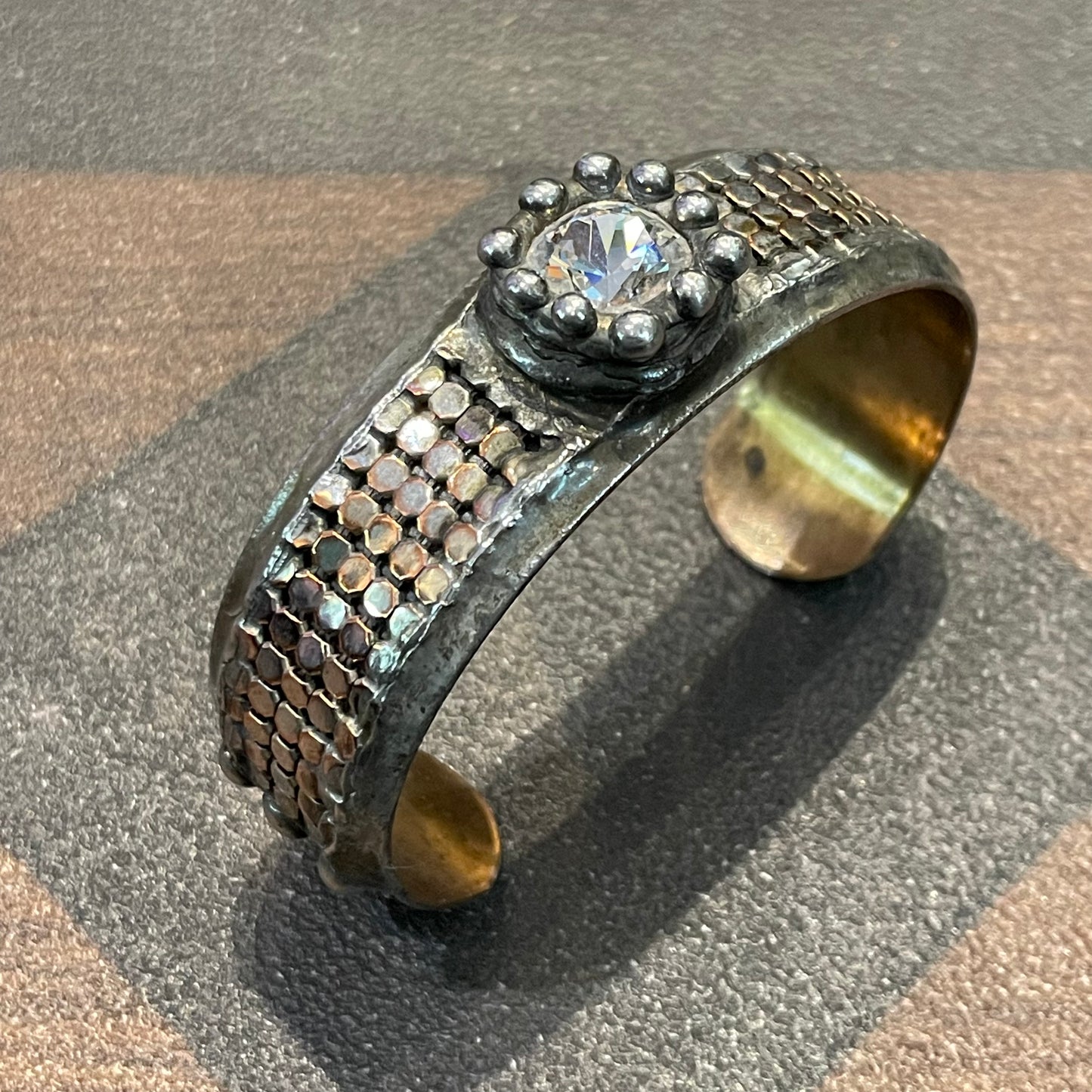 Silver Mesh Cuff with Round Crystal Center