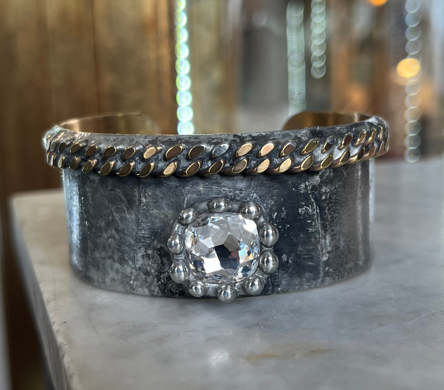 Raw Brass Faceted Chain with Clear Crystal Cuff Bracelet