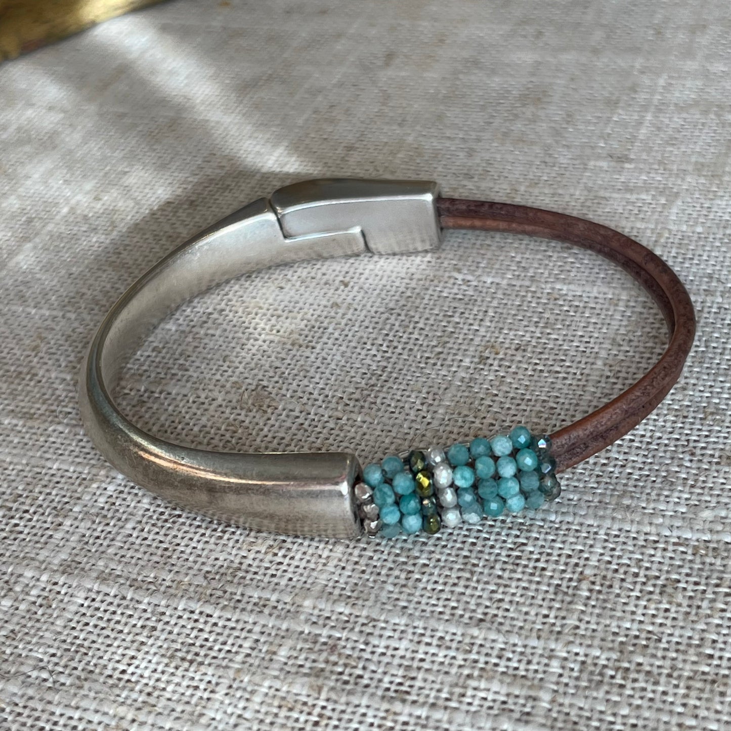 Amazonite and leather Magnetic Bracelet