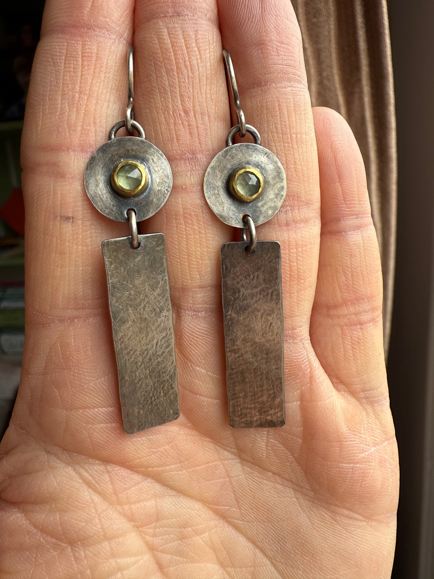 Prehnite Circle and Rectangle Earrings