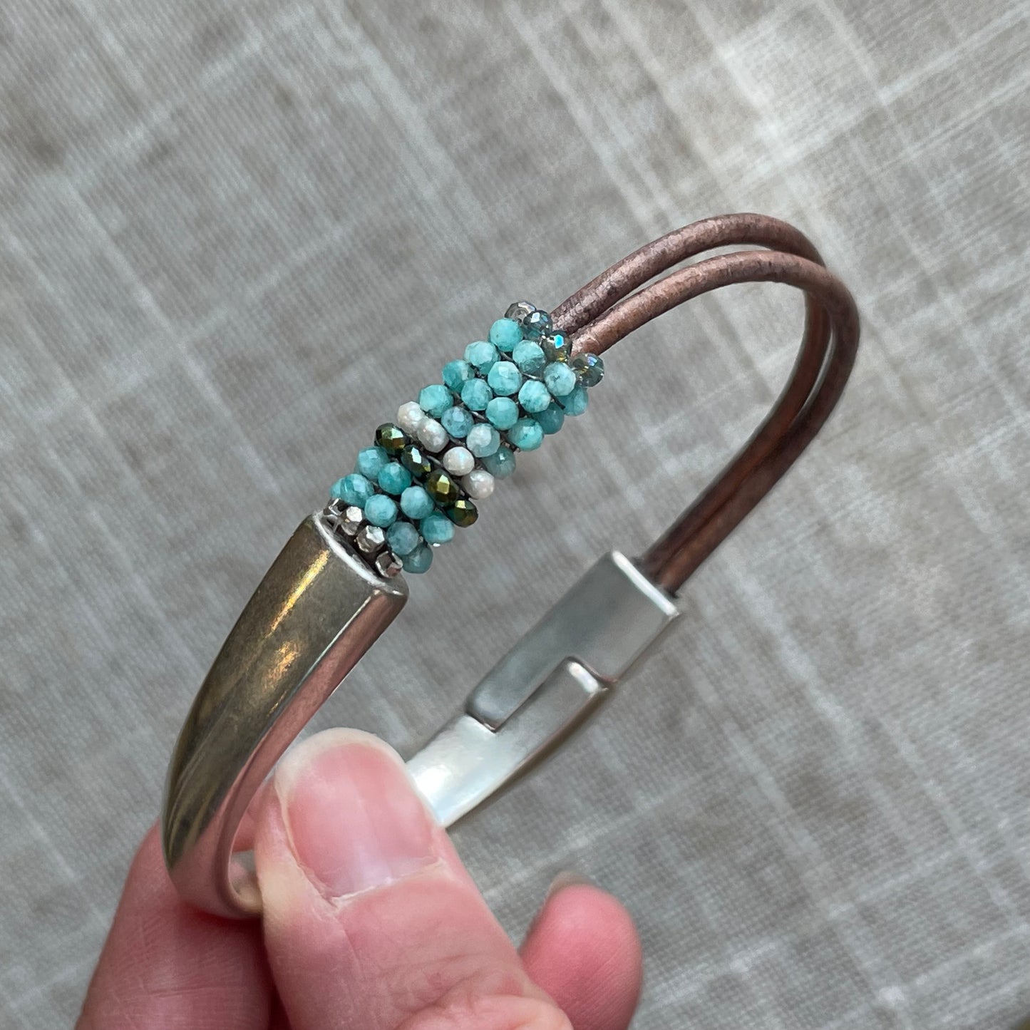 Amazonite and leather Magnetic Bracelet