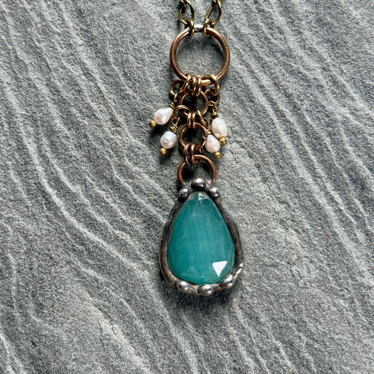 Aqua Cats Eye and Freshwater Pearl Necklace 
