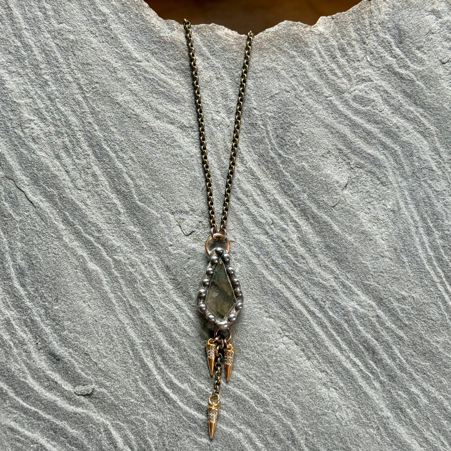 Labradorite and Pavé Brass Spike Drops Necklace 