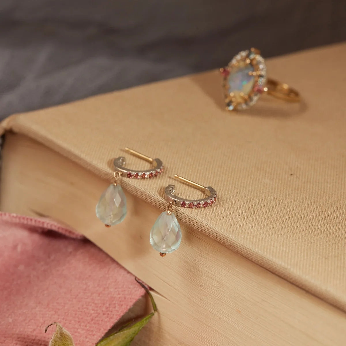 PICADILLY: Spinel, Diamond, and Aquamarine Drop Hoops