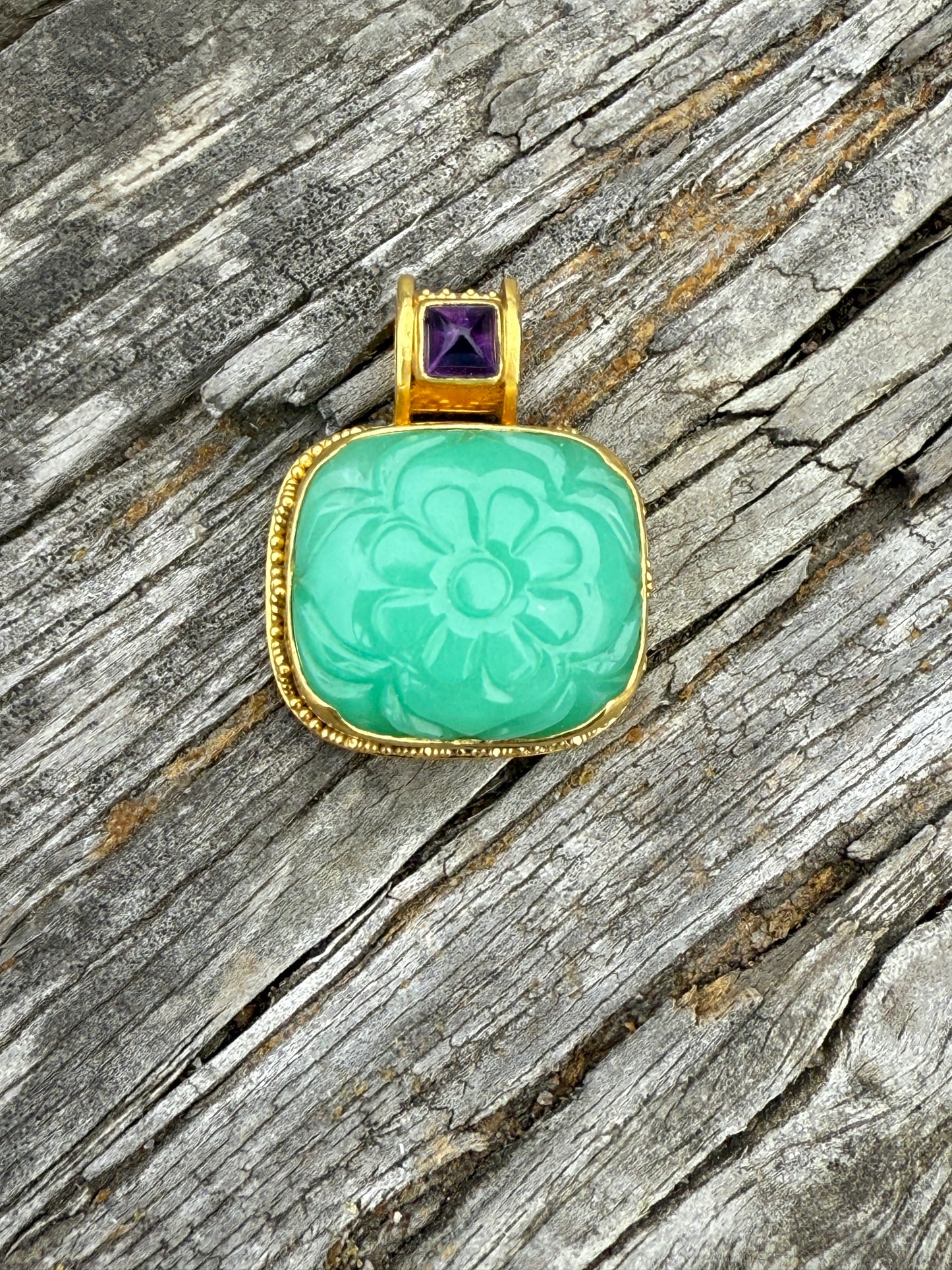 Carved Chrysoprase and Amethyst Pendant