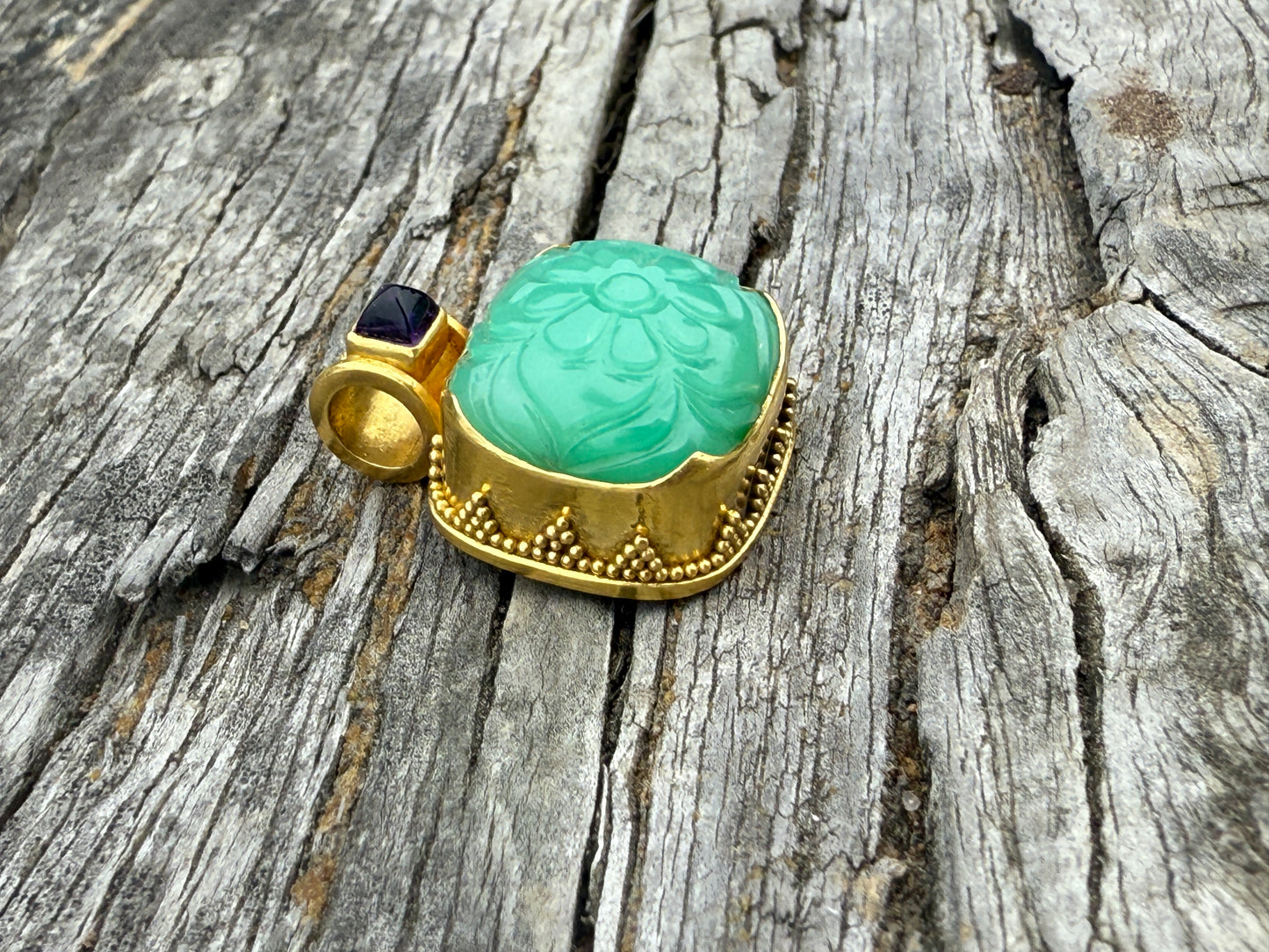 Carved Chrysoprase and Amethyst Pendant
