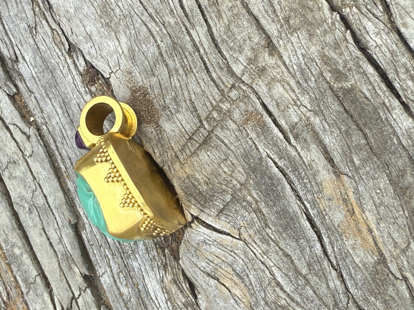 Carved Chrysoprase and Amethyst Pendant
