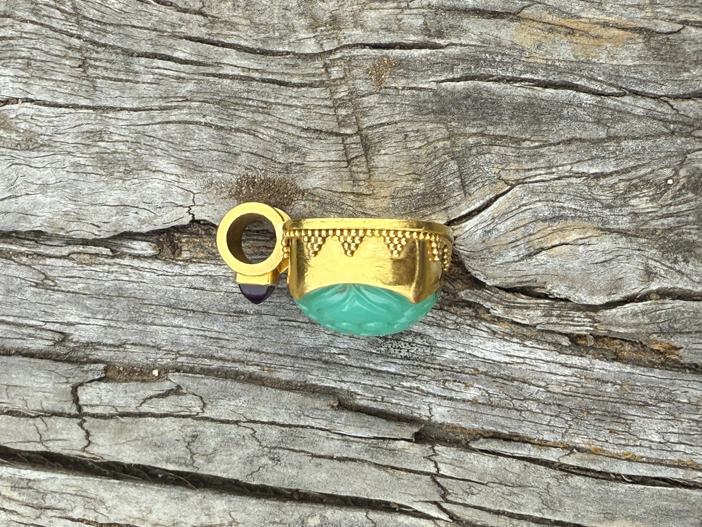 Carved Chrysoprase and Amethyst Pendant