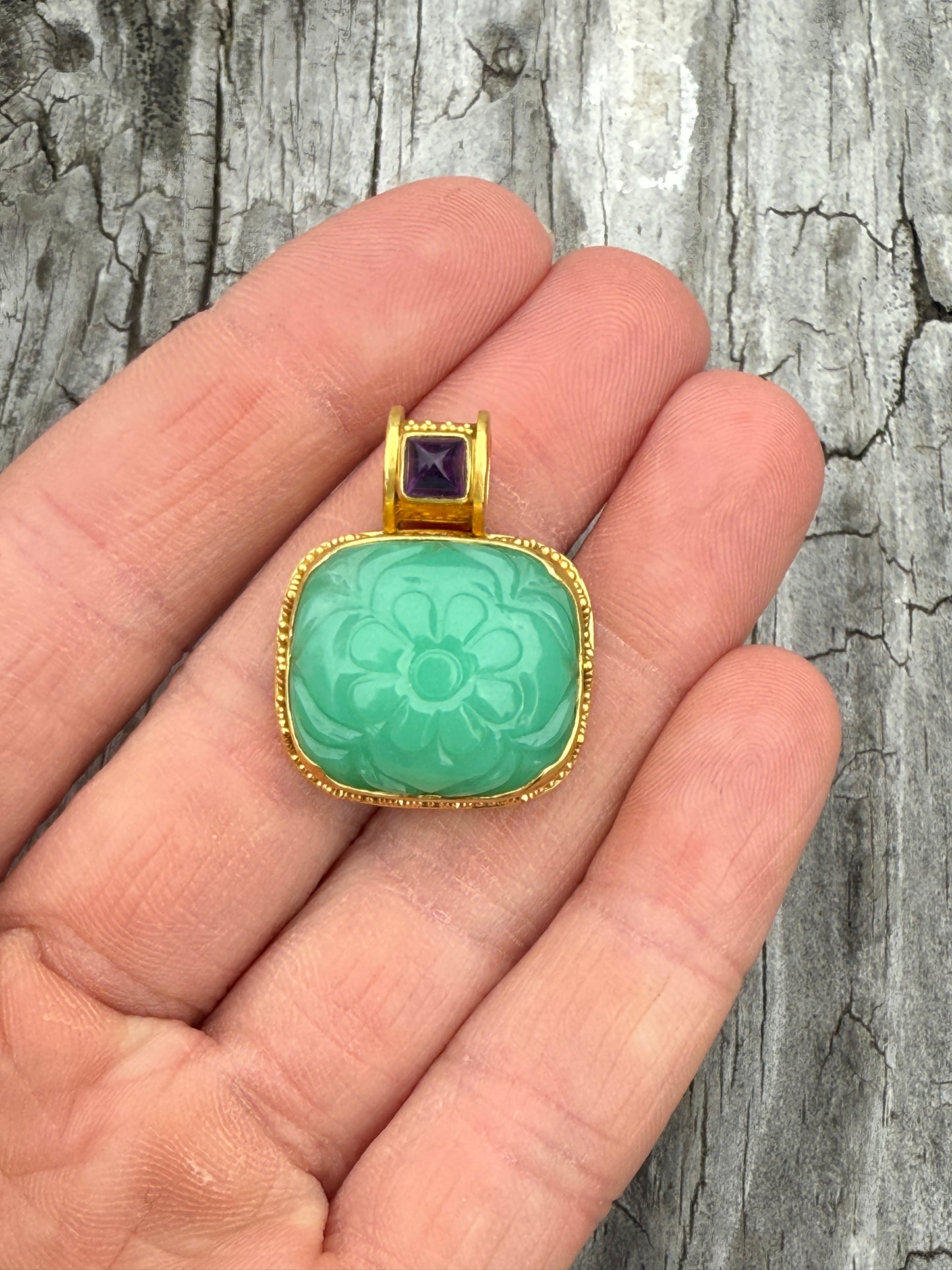 Carved Chrysoprase and Amethyst Pendant