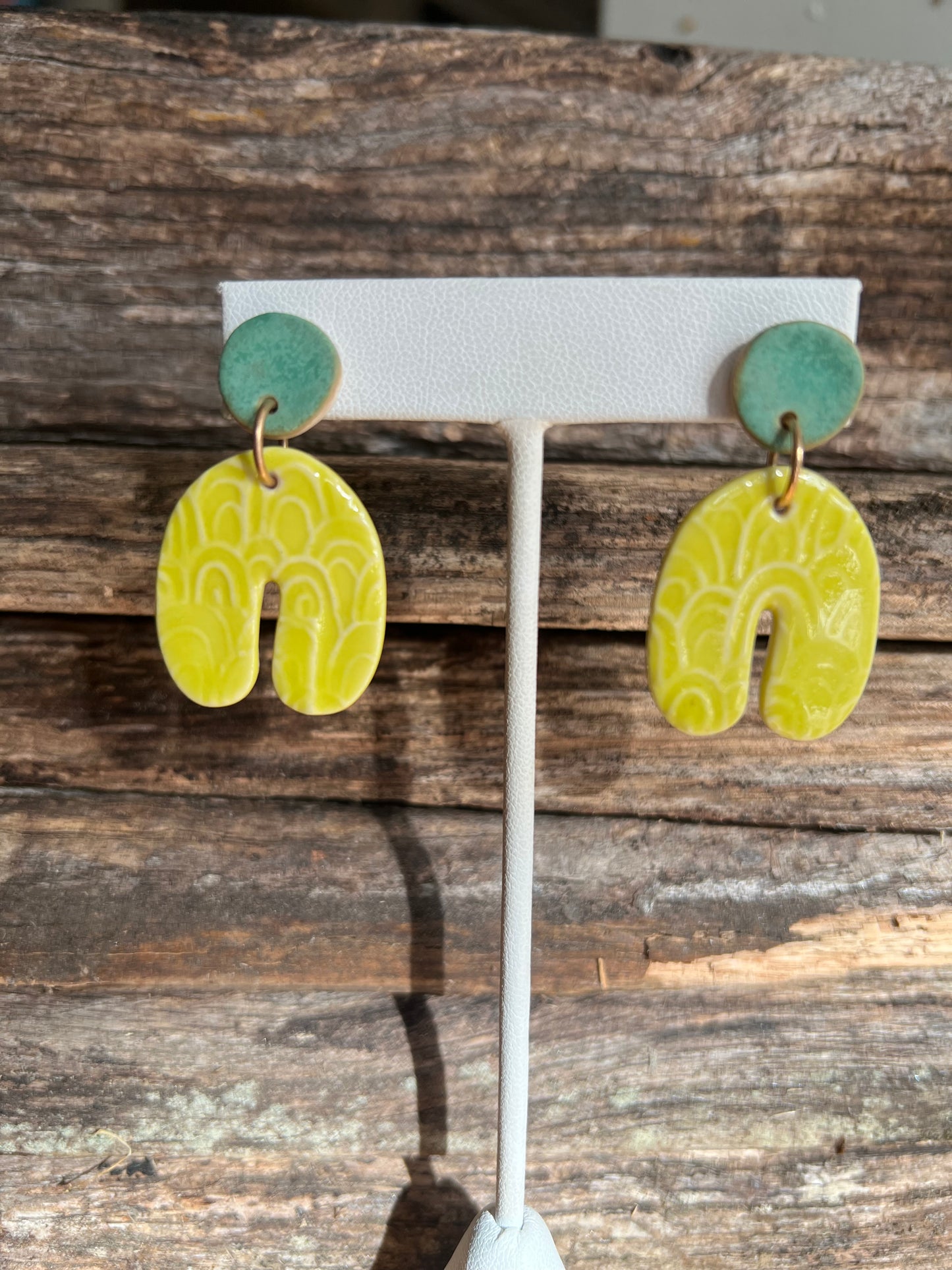 Embossed Porcelain Stud Horseshoe Dangle Earrings Lemon Yellow & Turquoise