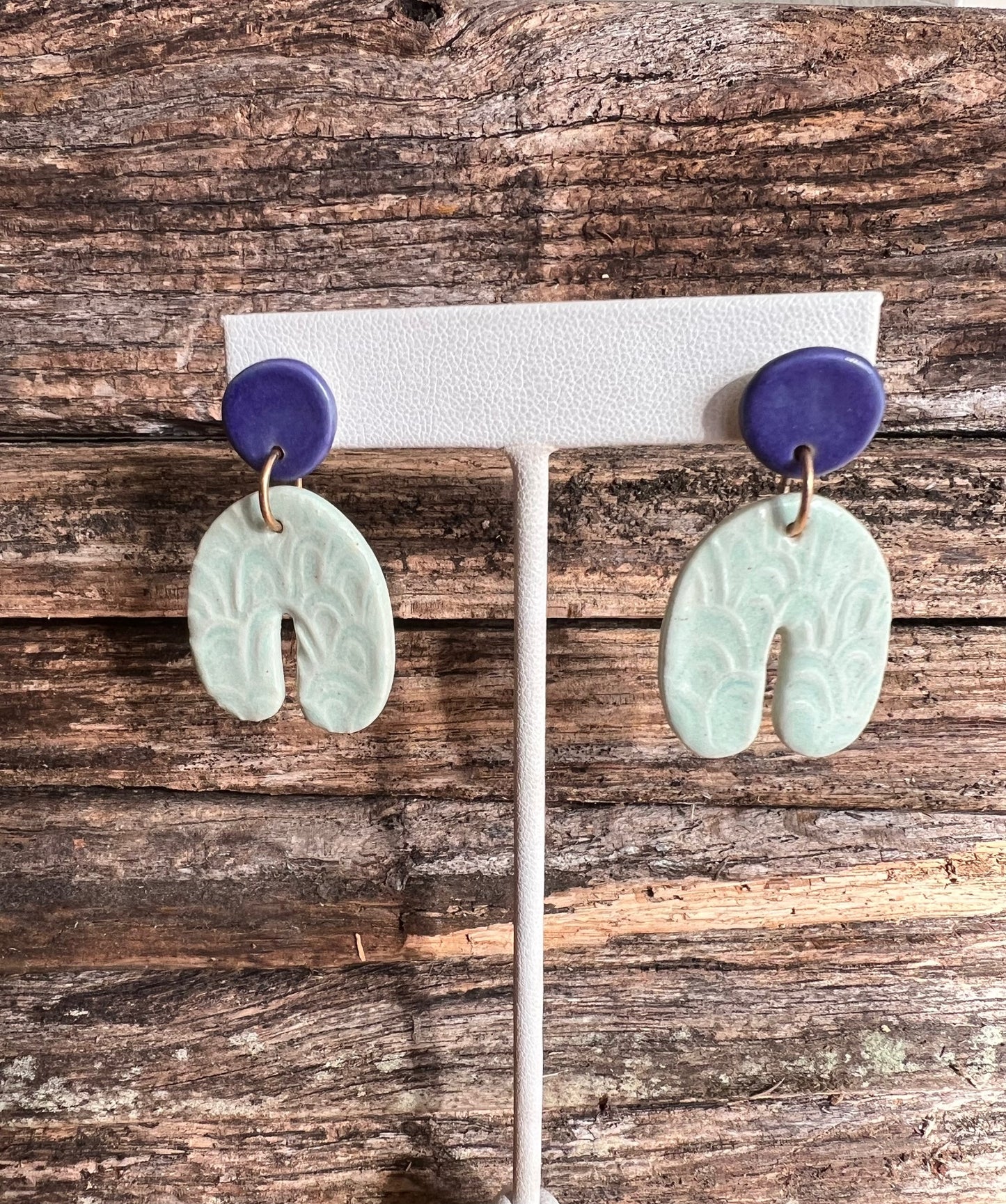 Embossed Porcelain Stud Horseshoe Dangle Earrings Purple & Mint