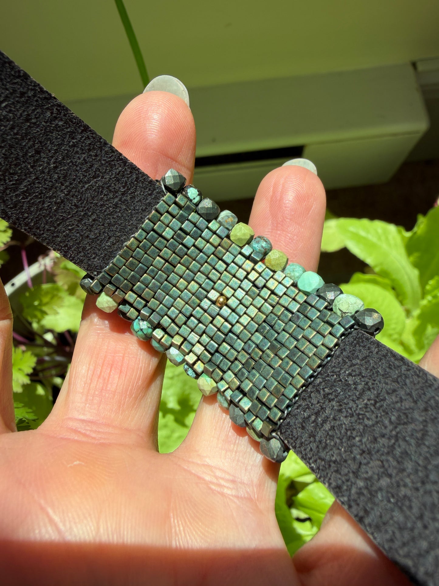 Hand Stitched Turquoise and Pyrite with Vintage Leather and Brass Bracelet