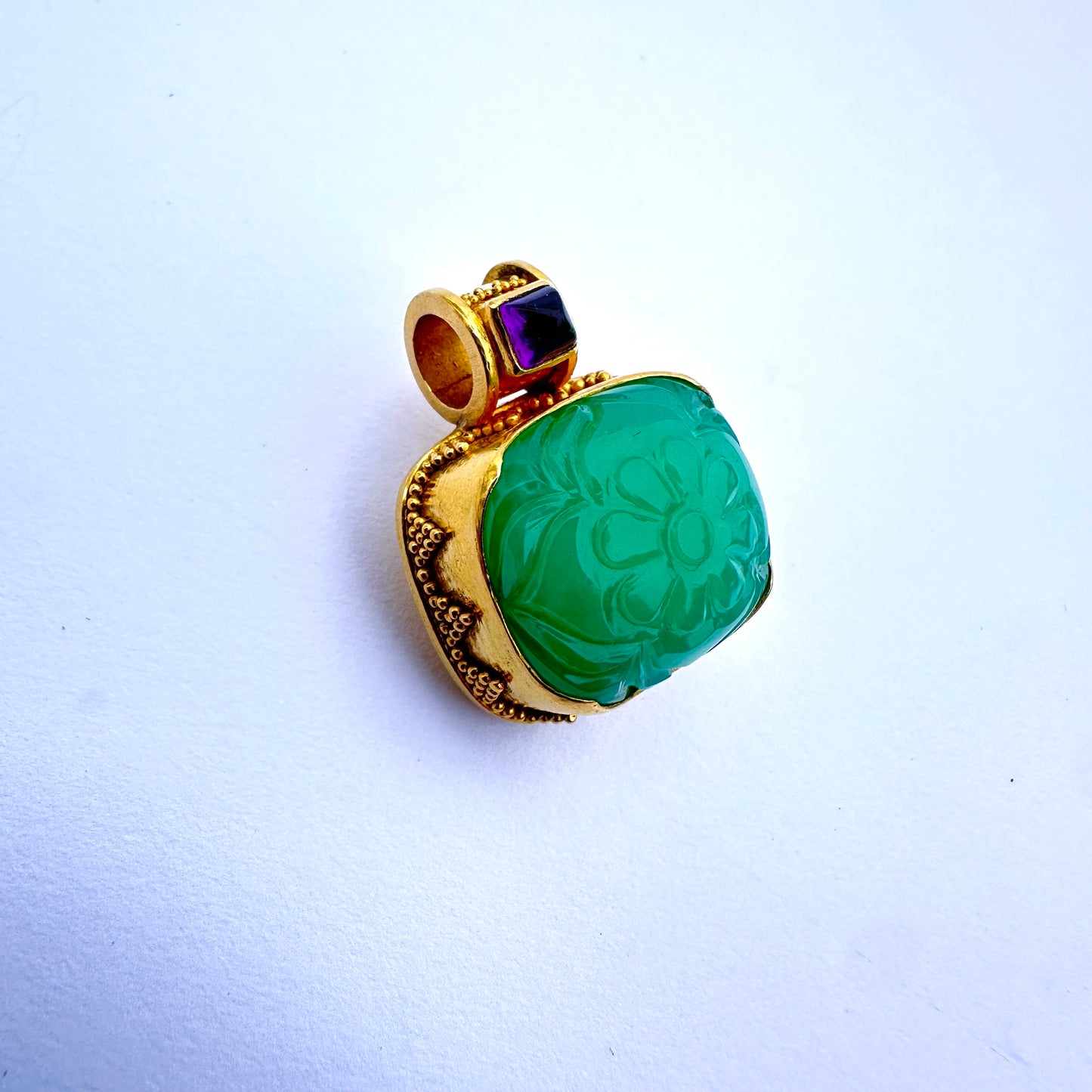 Carved Chrysoprase and Amethyst Pendant