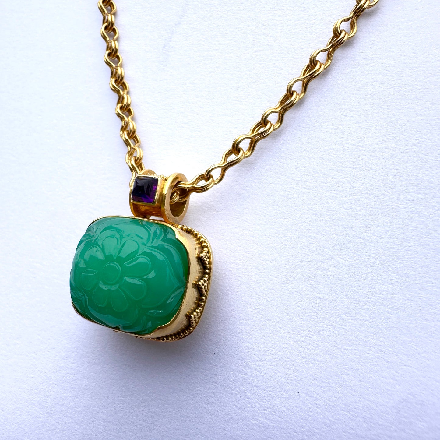 Carved Chrysoprase and Amethyst Pendant