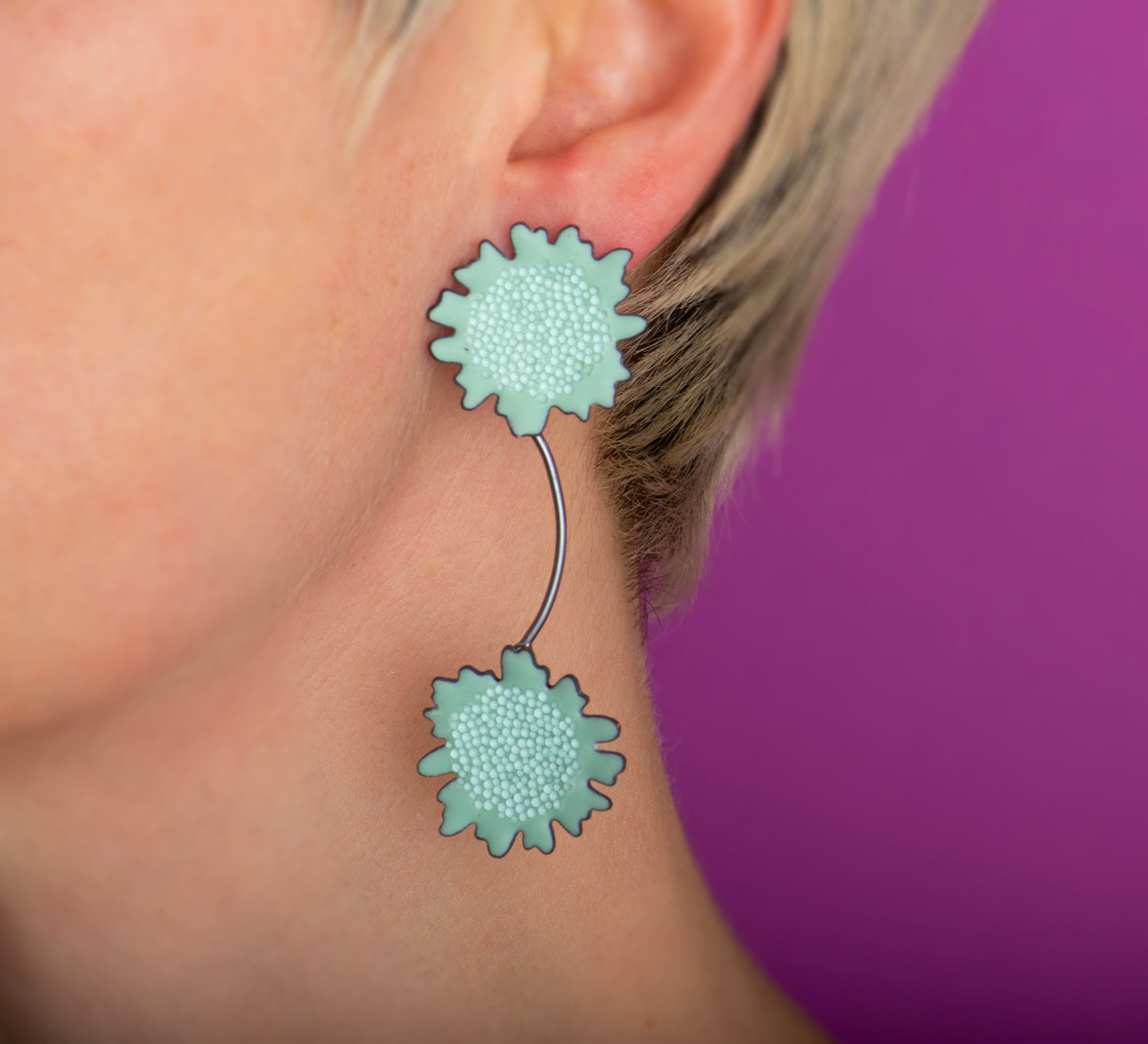 Daisy Chain Earrings/Matte Robin's Egg Blue, Oxidized Silver, Reflector Beads