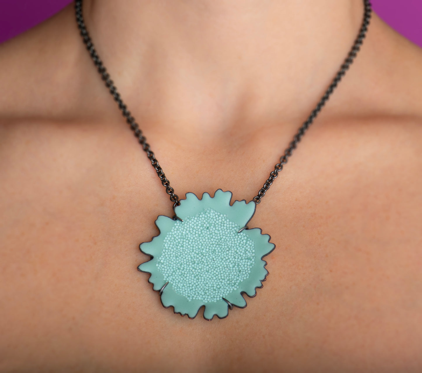Daisy Pendant/Matte Robin's Egg Blue, Oxidized Silver, Reflector Beads