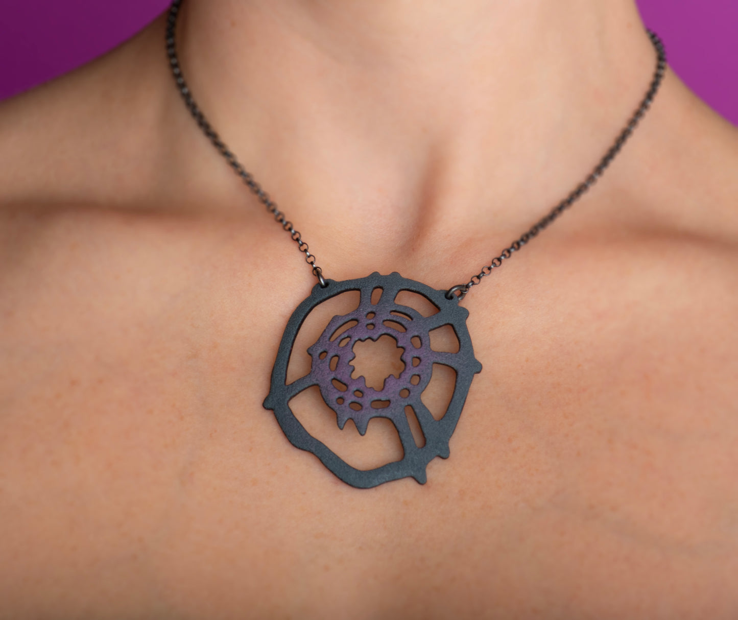 Web Pendant/Sugar Fired Grey/Iris Purple, Oxidized Silver