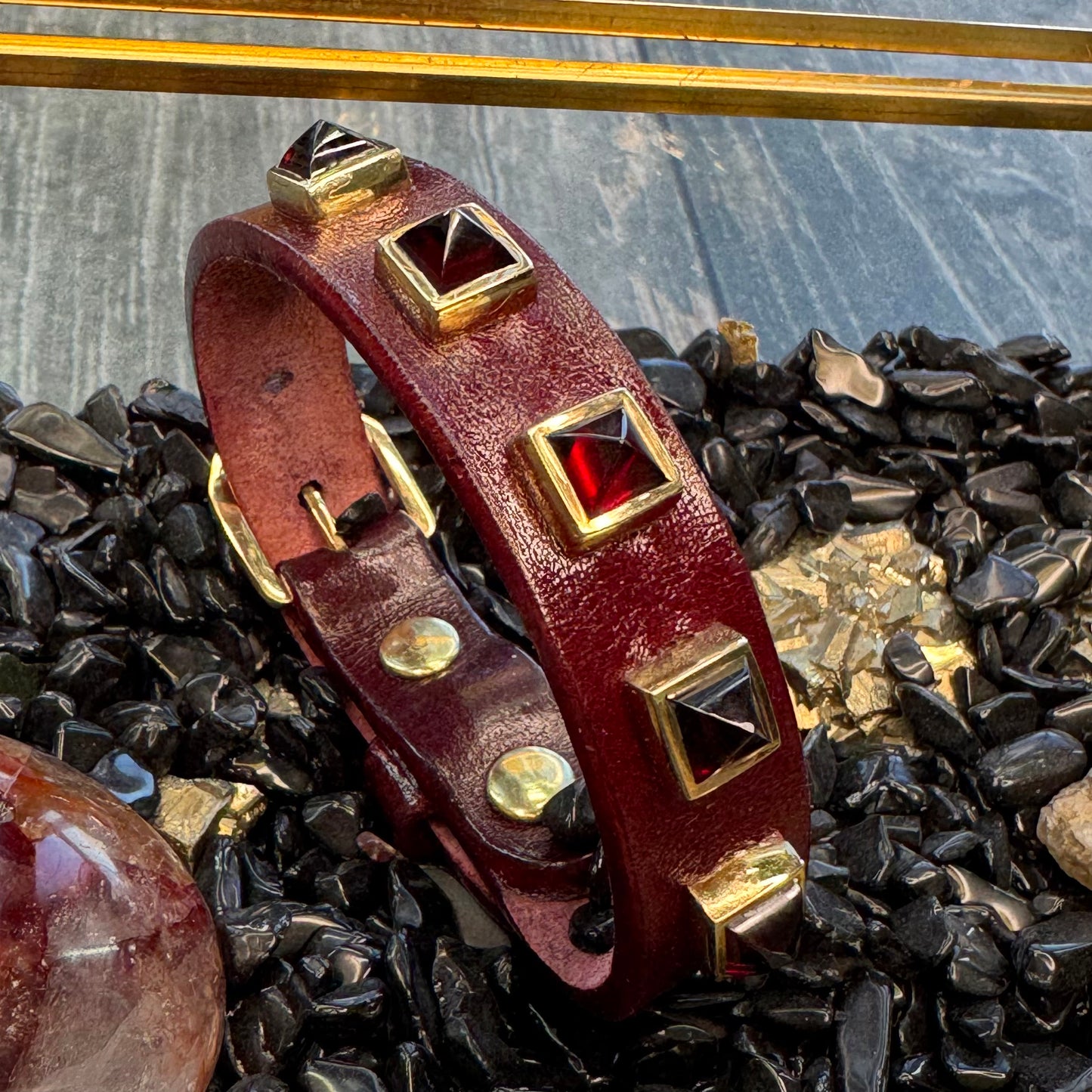 Buckle Bracelet w/ Black Leather & Tourmaline Quartz