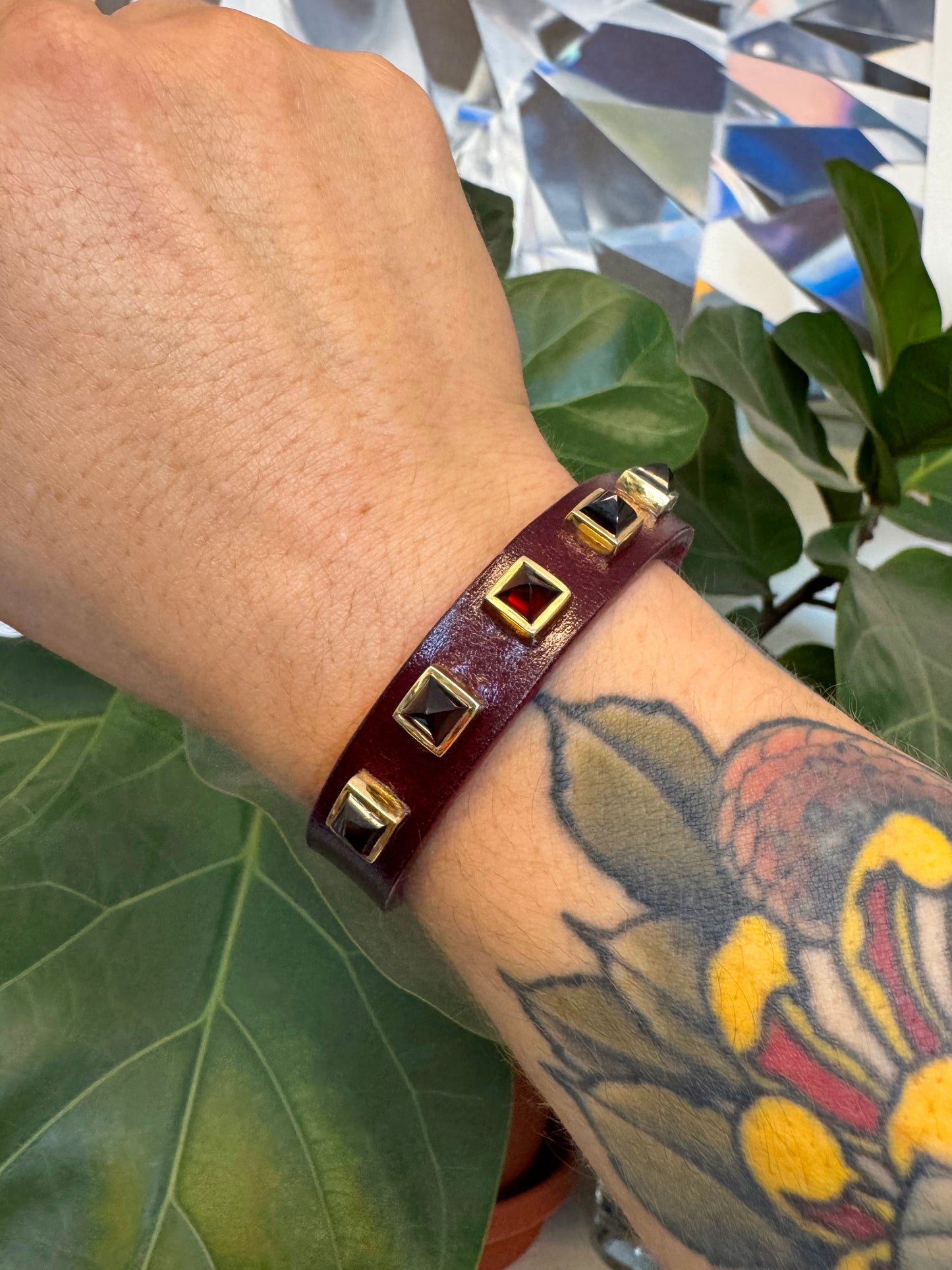 Buckle Bracelet w/ Black Leather & Tourmaline Quartz