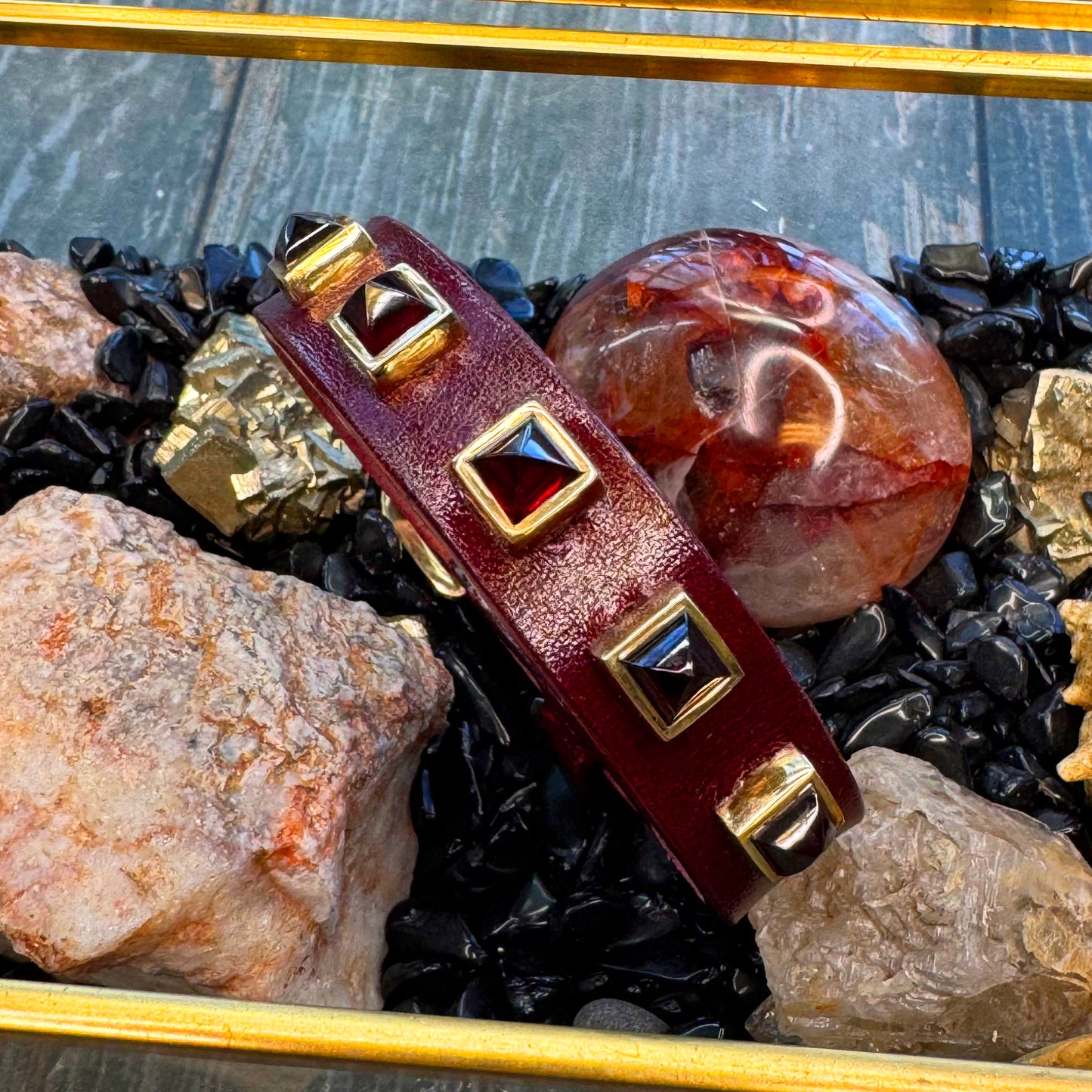 Buckle Bracelet w/ Black Leather & Tourmaline Quartz