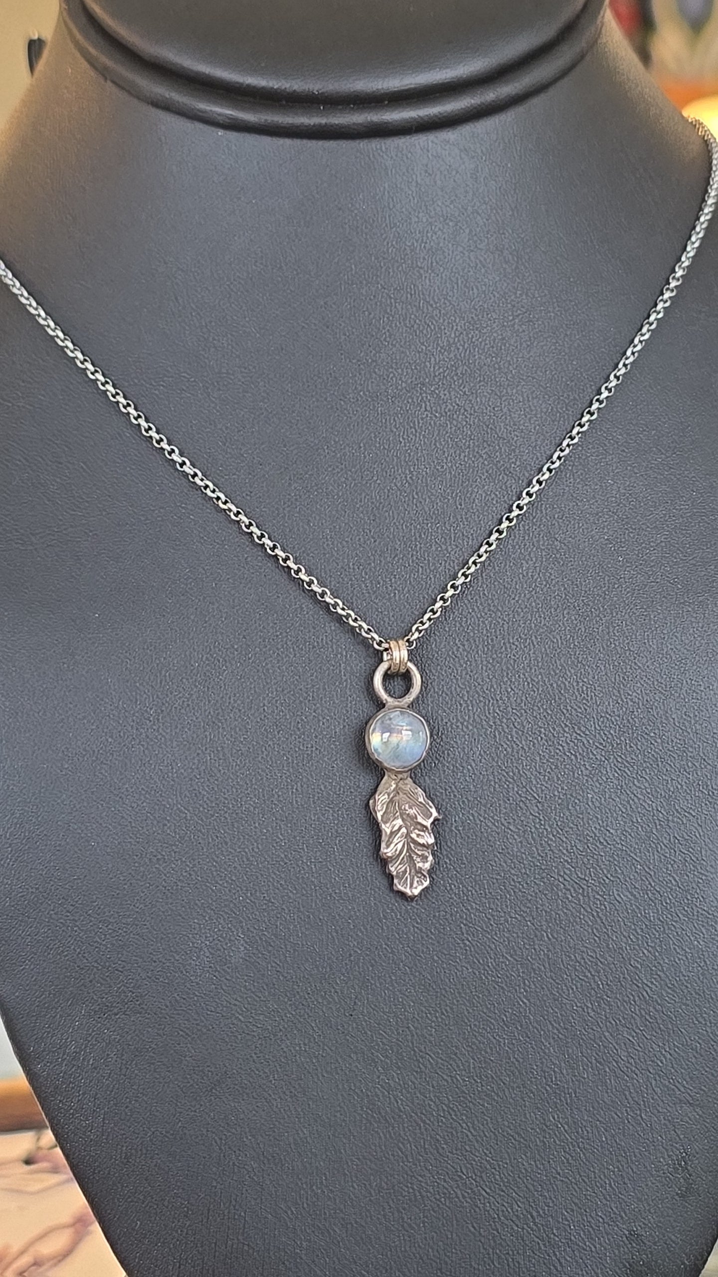 Sterling Rainbow Moonstone Leaf Pendant