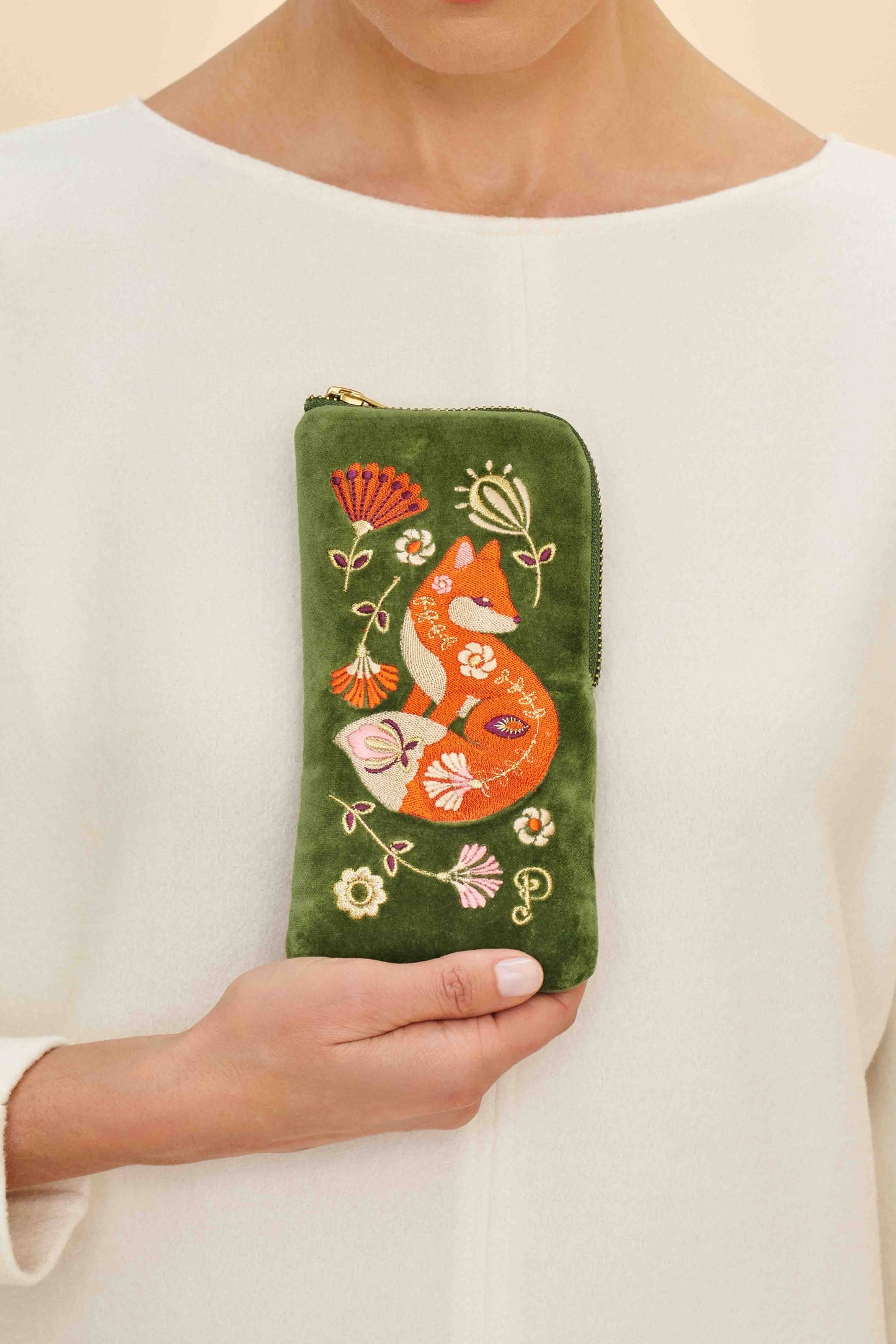 Velvet Embroidered Glasses Pouch - Scandinavian Fox