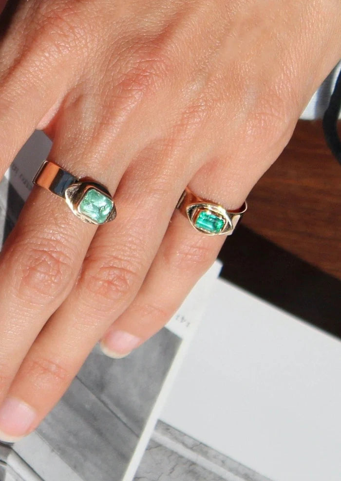 Emerald Evil Eye Gold Signet Ring 14K