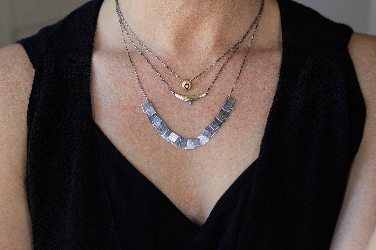 Petite Square Pivot Necklace- Mixed 18K Vermeil and Oxidized Sterling