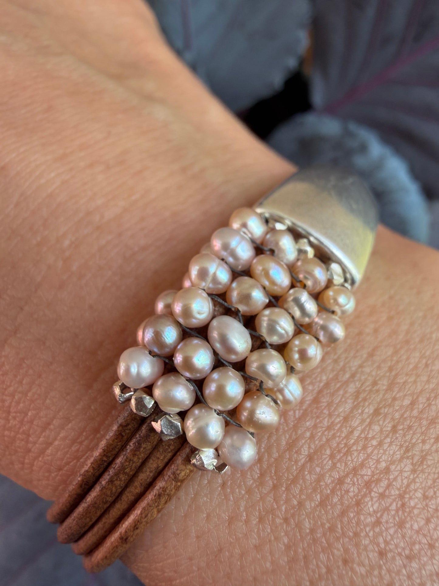 Hand Stitched Moss Opal and Leather Magnetic Bracelet