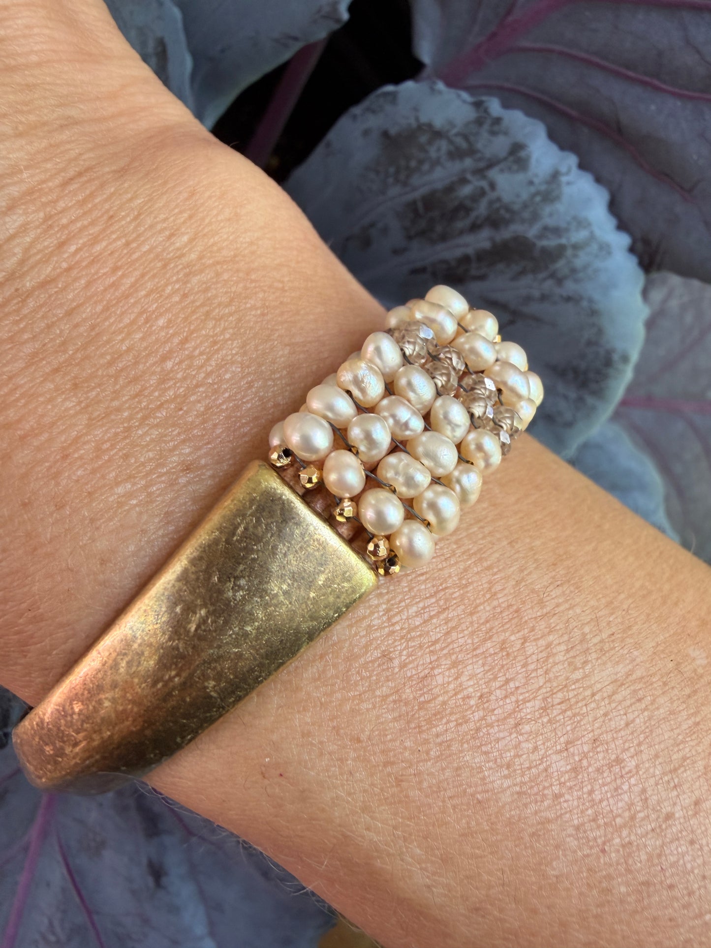 Hand Stitched White Pearl, Natural Zircon and Leather Magnetic Brass Bracelet
