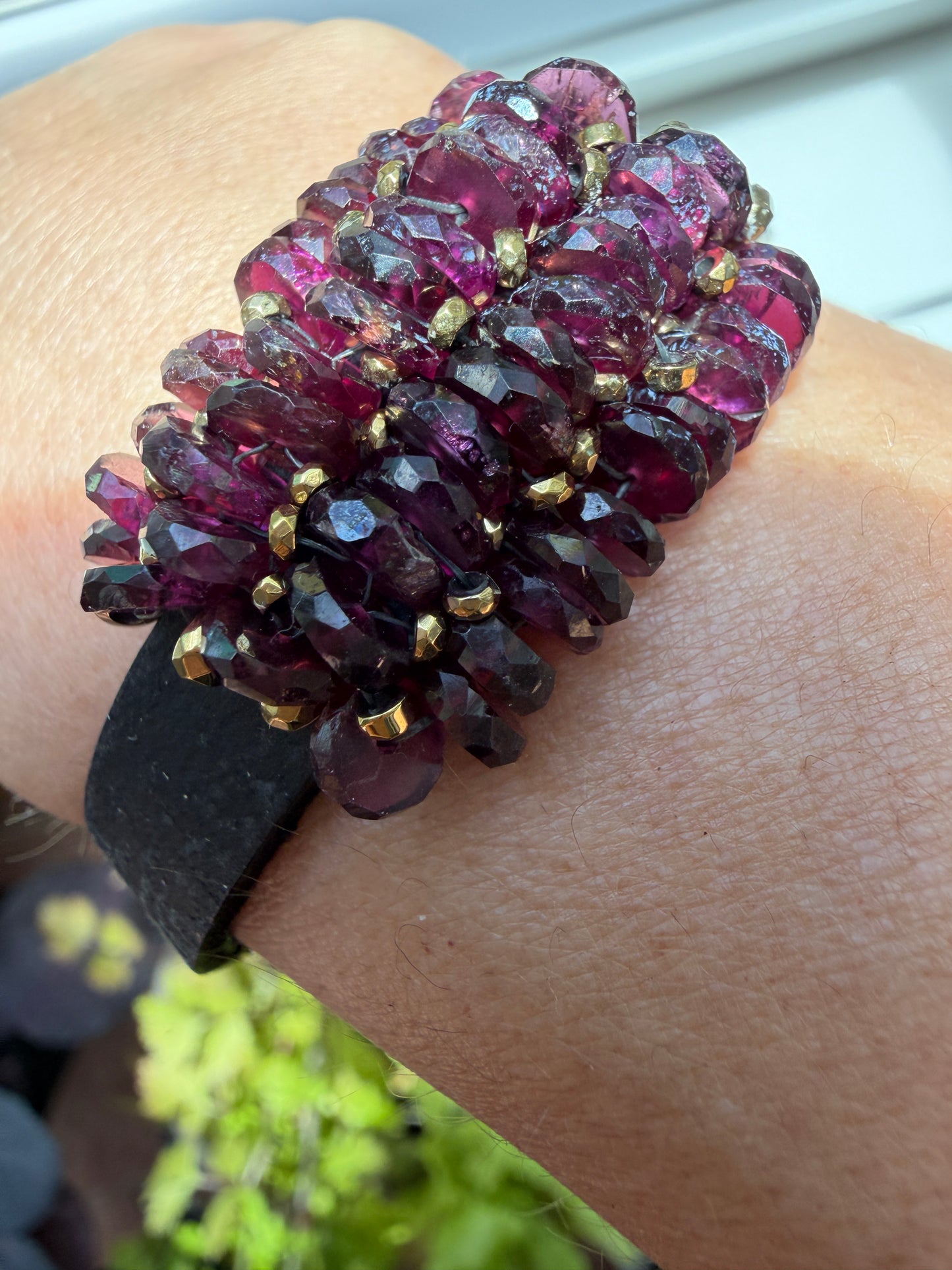 Hand Stitched Garnet Heishi, 18K with Vintage Black Leather and Brass Magnetic Bracelet