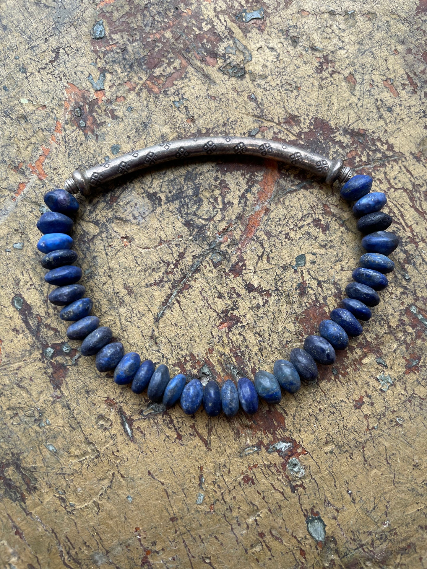 Carved Lapis and Silver Bracelet