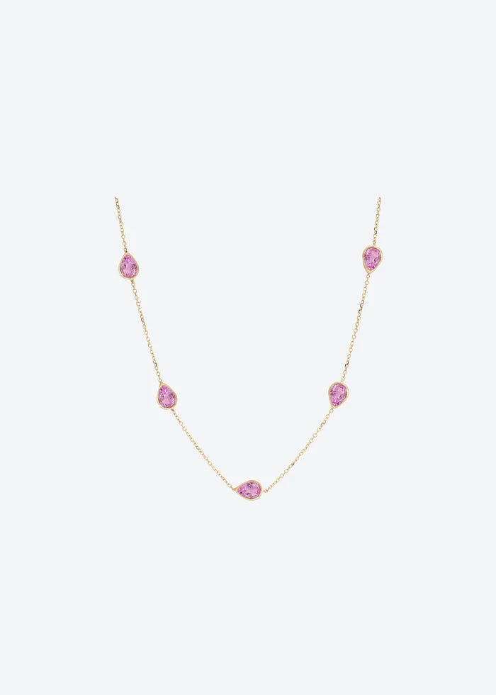 Pink Sapphire Dainty Gold Station Necklace 14K