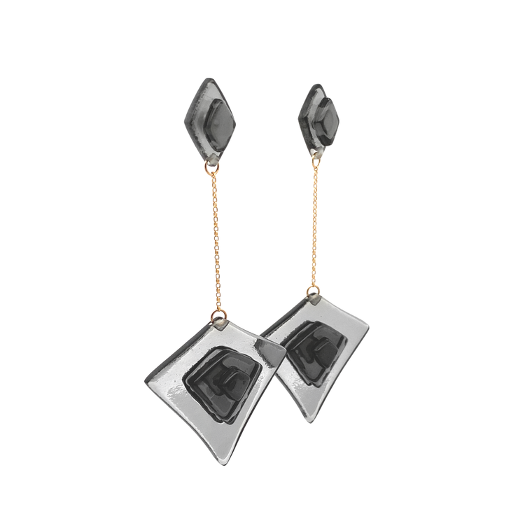 Dark Grey Stacked Large Deco Diamond Drop Earrings
