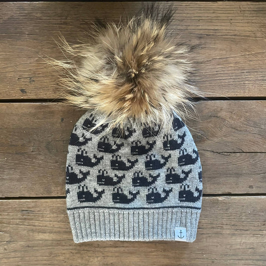 Whales Beanie in Heather/Navy with Natural Pom: Real Fur Pom Pom