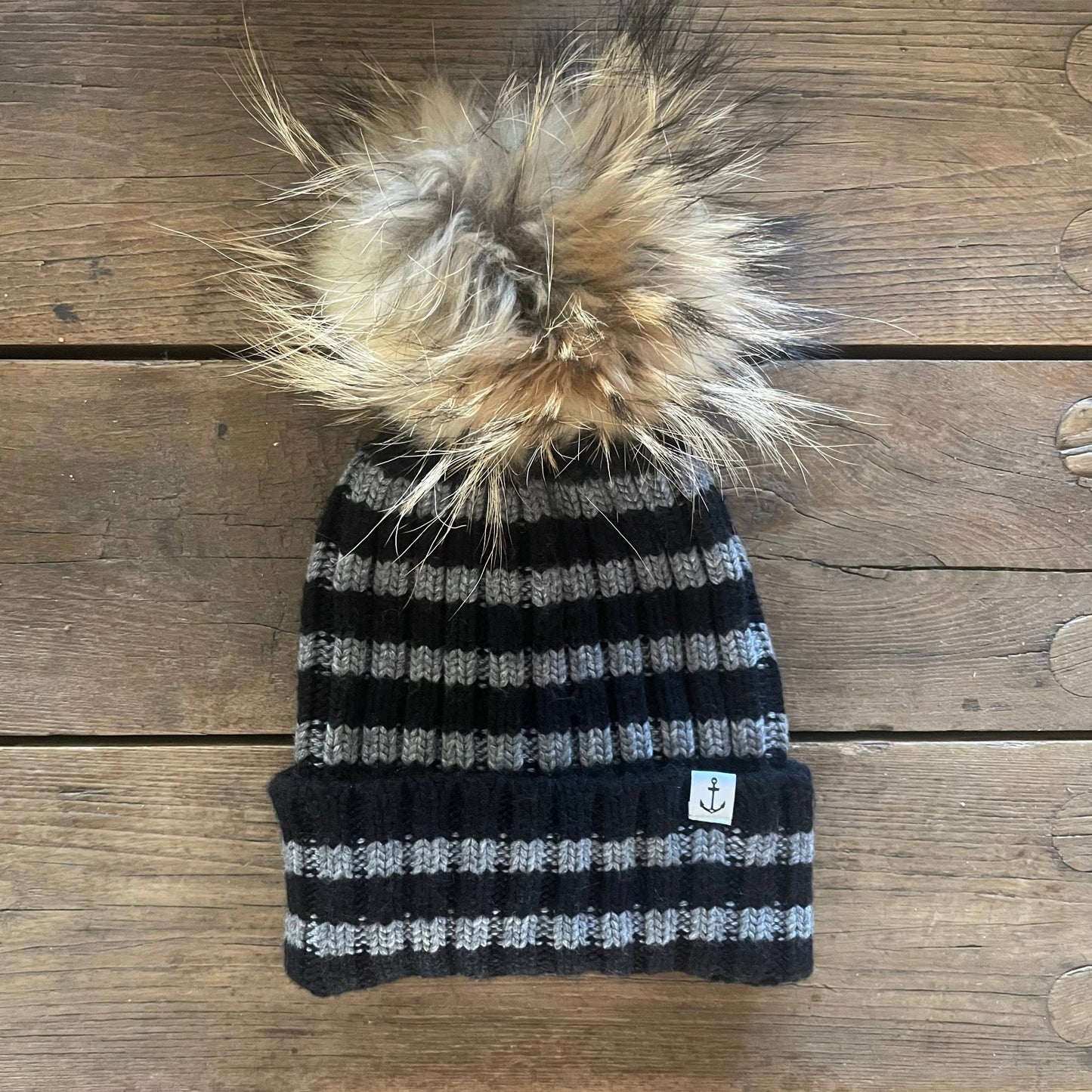 Breton Stripe Hat | Midnight/Charcoal with Natural Pom: Faux Fur Pom Pom