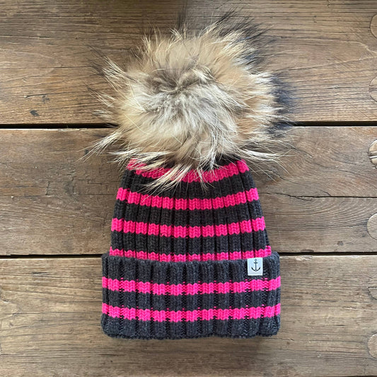 Breton Stripe Hat | Charcoal/Hot Pink with Natural Pom: Real Fur Pom Pom