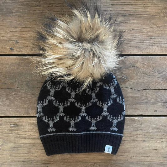 Lobsters Beanie in Midnight with Natural Pom: Real Fur Pom Pom