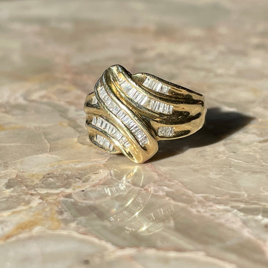 Gold Swirl Diamond Baguettes Ring