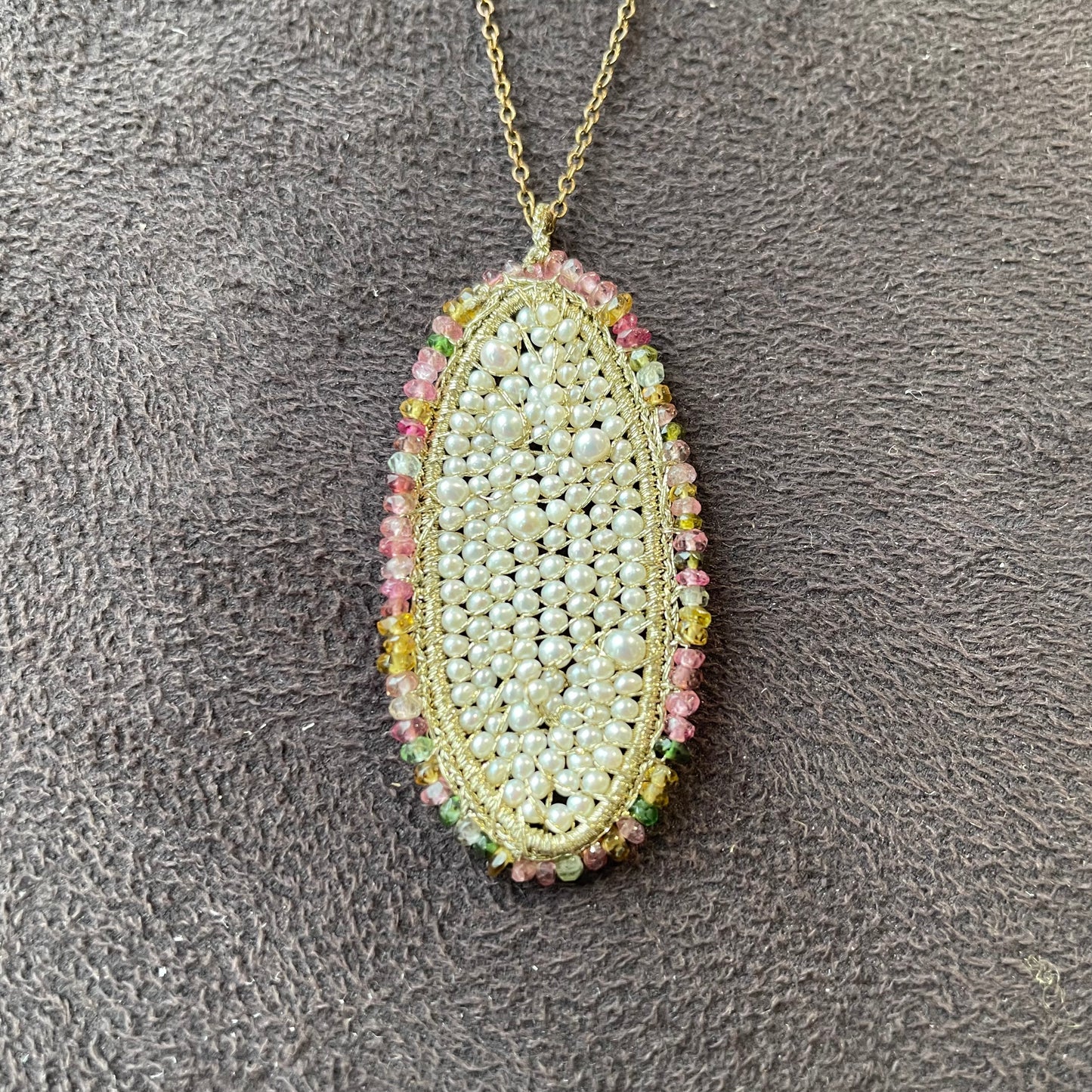 Woven Pearls with Rainbow Tourmaline Pendant