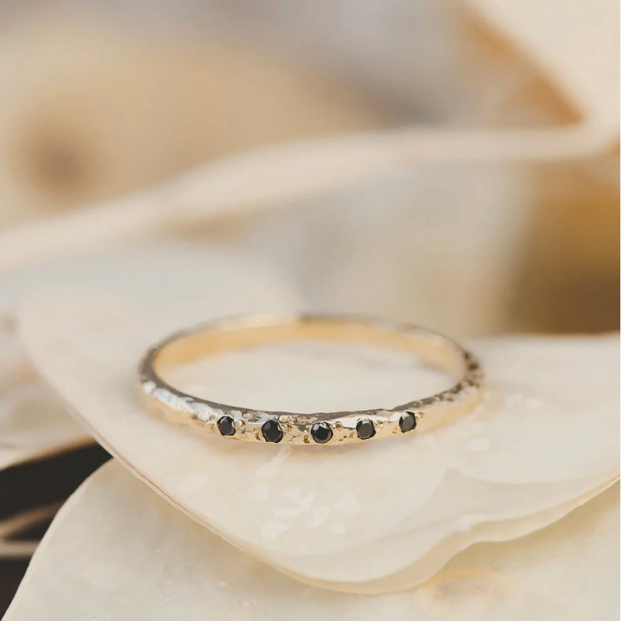 14K Gold Textured Ring with black diamonds