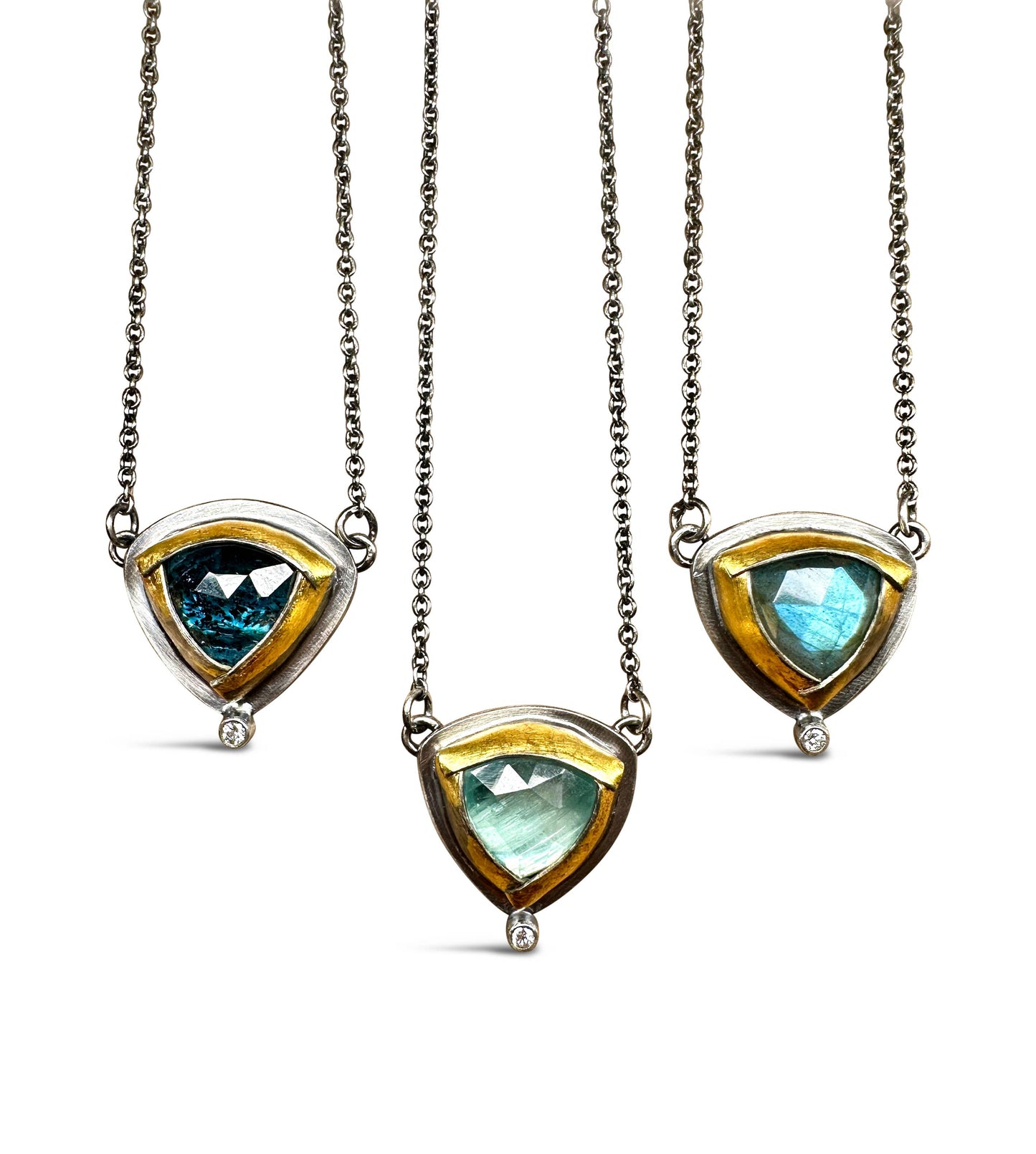 Petite Tri Fold Necklace With Diamond: Teal kyanite