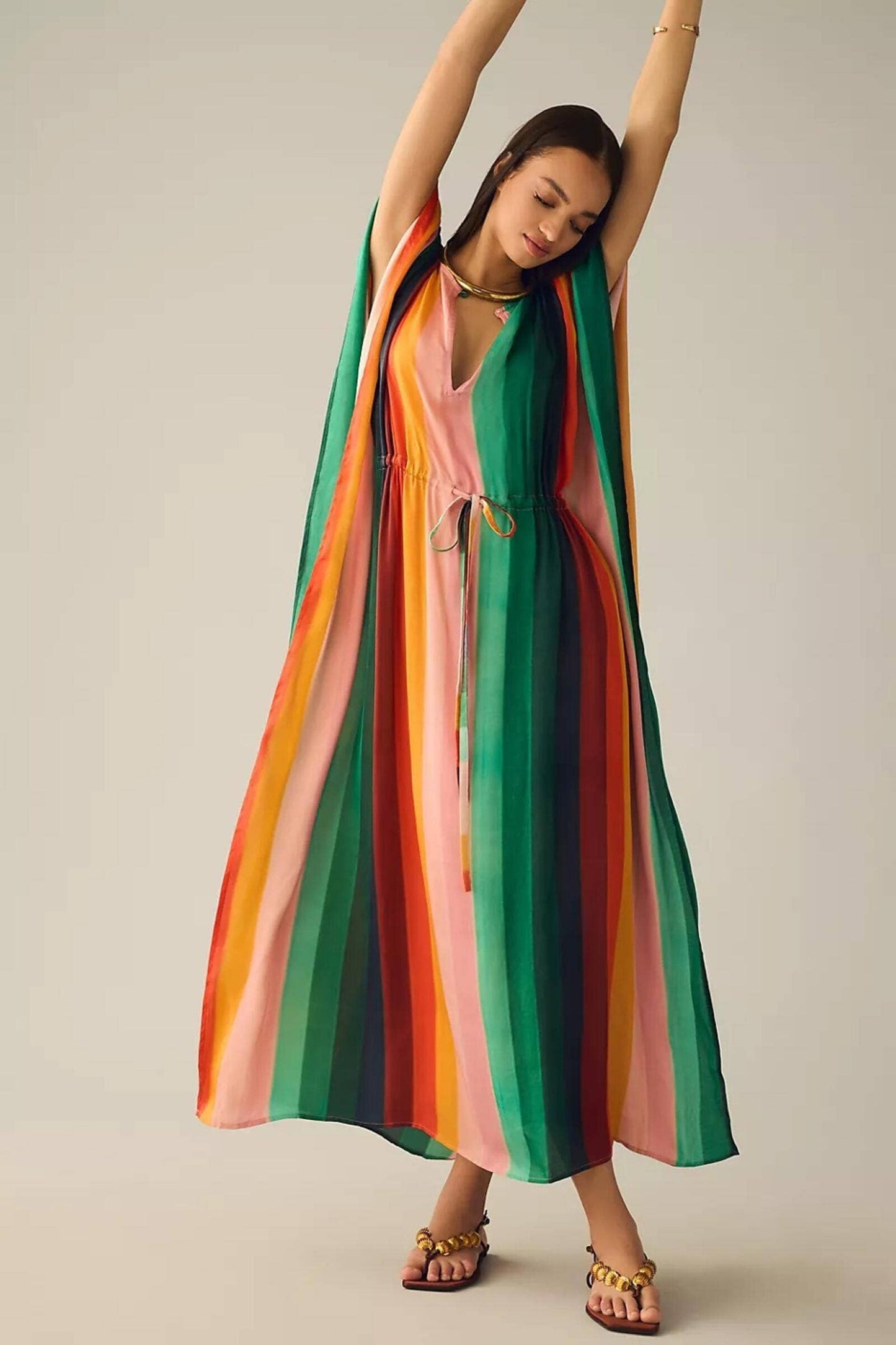 Multicolor Kaftan Striped Tie Waist: Multi-Colored